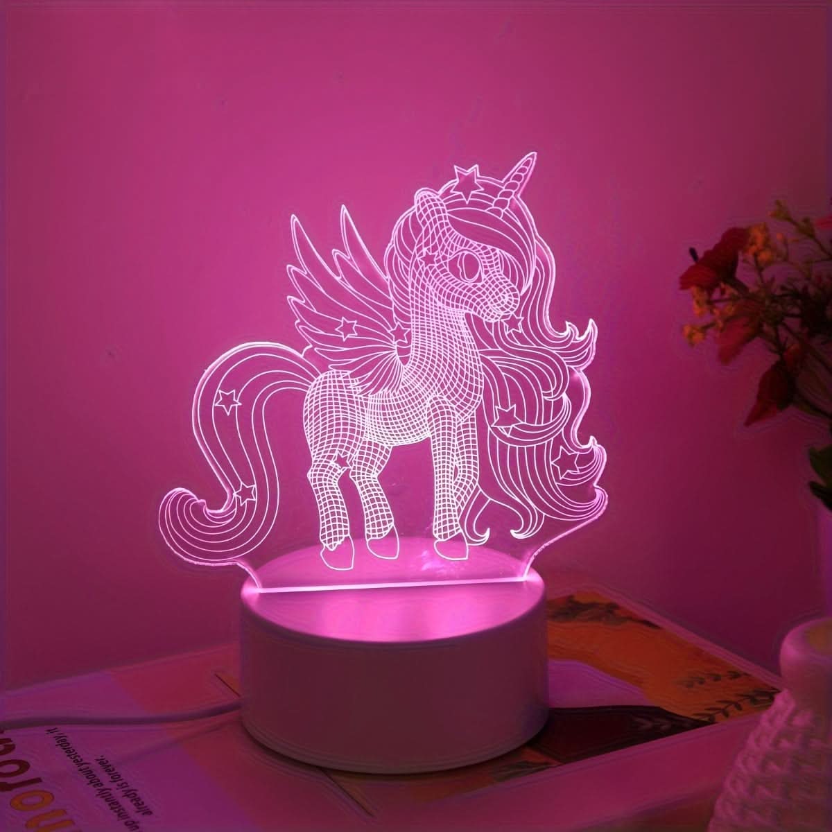 3D Unicorn Night Light - USB Powered Pink LED Lamp