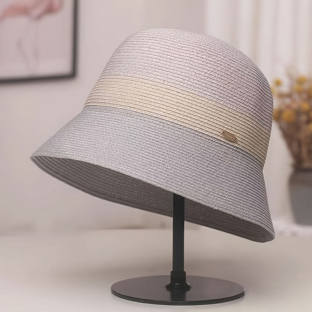 Women’s Foldable Straw Bucket Hat – Tricolor Summer Beach Hat, Sun Protection