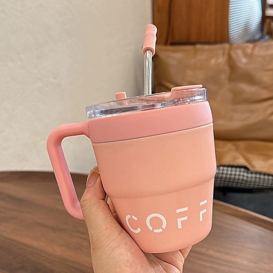 16oz Insulated Stainless Steel Coffee Mug with Handle & Straw