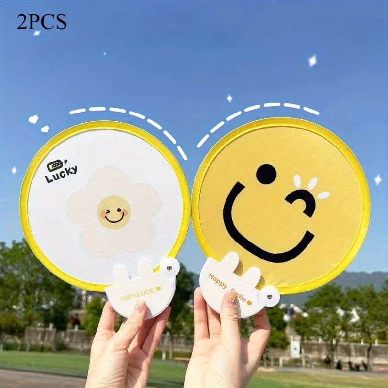 2pcs Cute Cartoon Face Handheld Fans – Portable Foldable Plastic Fan