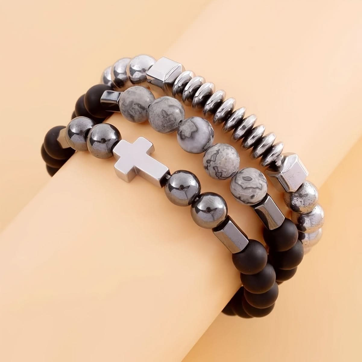 3-Piece Men's Black Gallstone Cross Bracelet Set