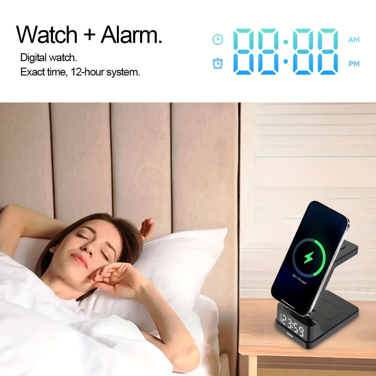 4-in-1 Magnetic Wireless Charging Stand with Digital Clock - Type-C USB
