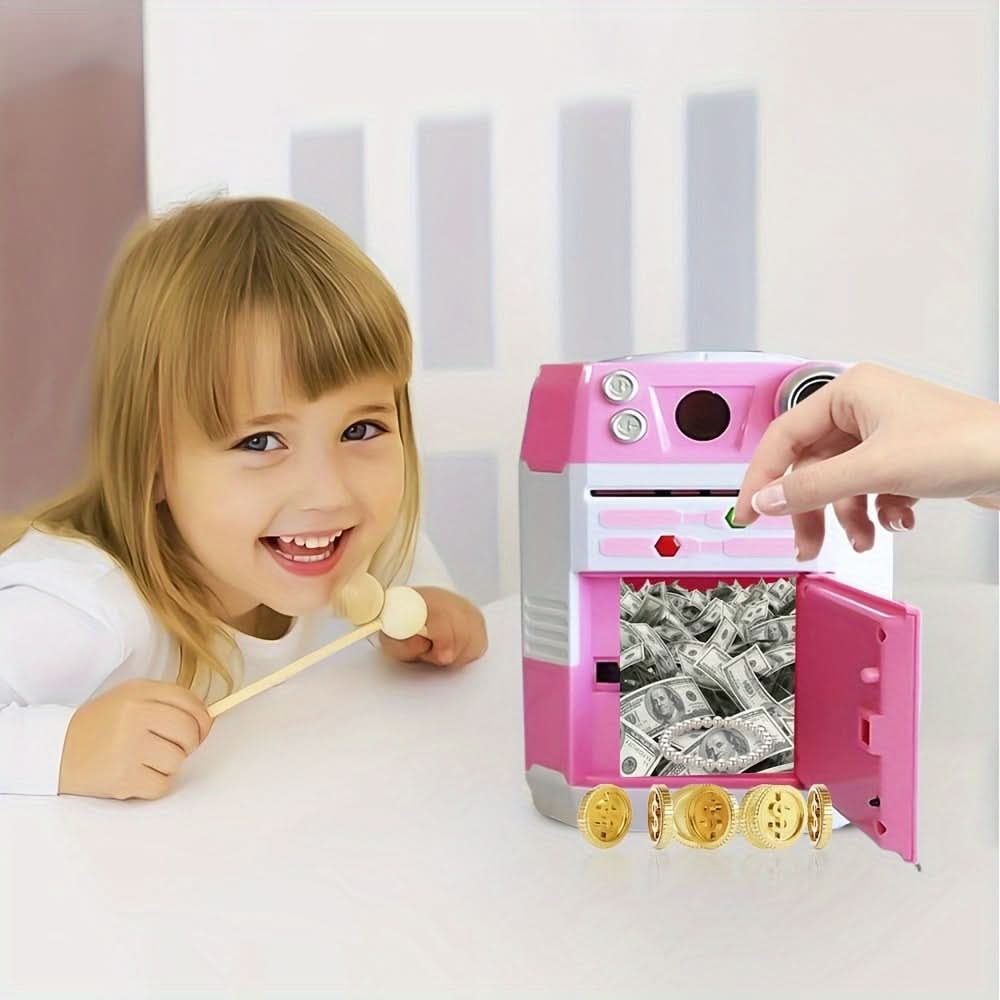 Bright Pink Electronic Piggy Bank ATM – Kids Cash Coin Bank with Adjustable Sound