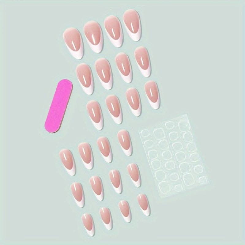 24pcs Medium Almond Press-On Nails – French Tip Full with Nail File and Jelly Glue