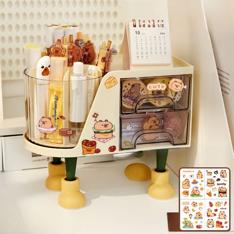 Rotating Desk Organizer with Drawer, Multifunctional Pen Holder