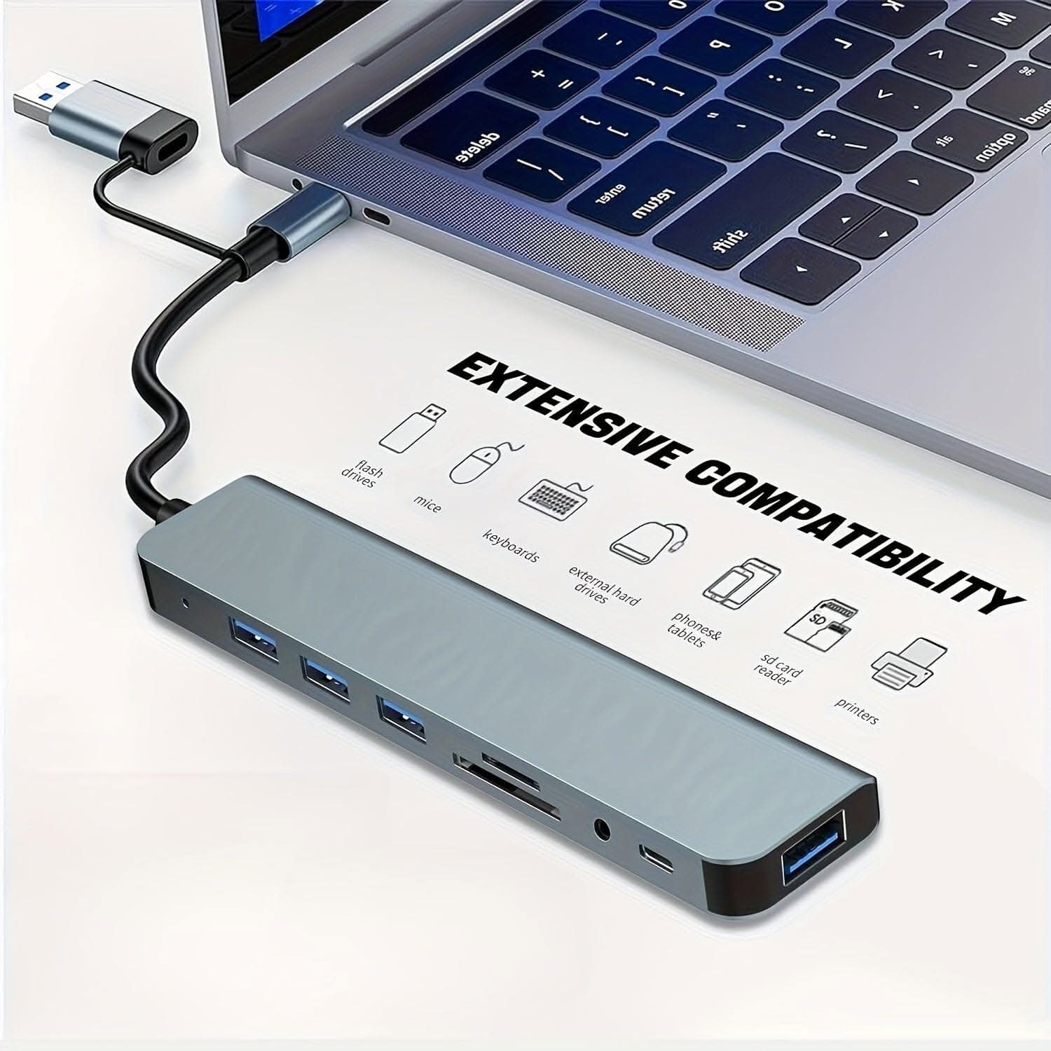 8-in-1 USB Hub with Type-C Adapter