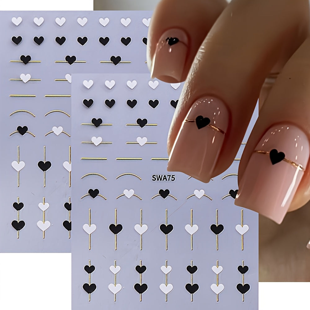 5-Piece Gold Line & Heart Nail Art Stickers – Black & White Valentine's DIY Set