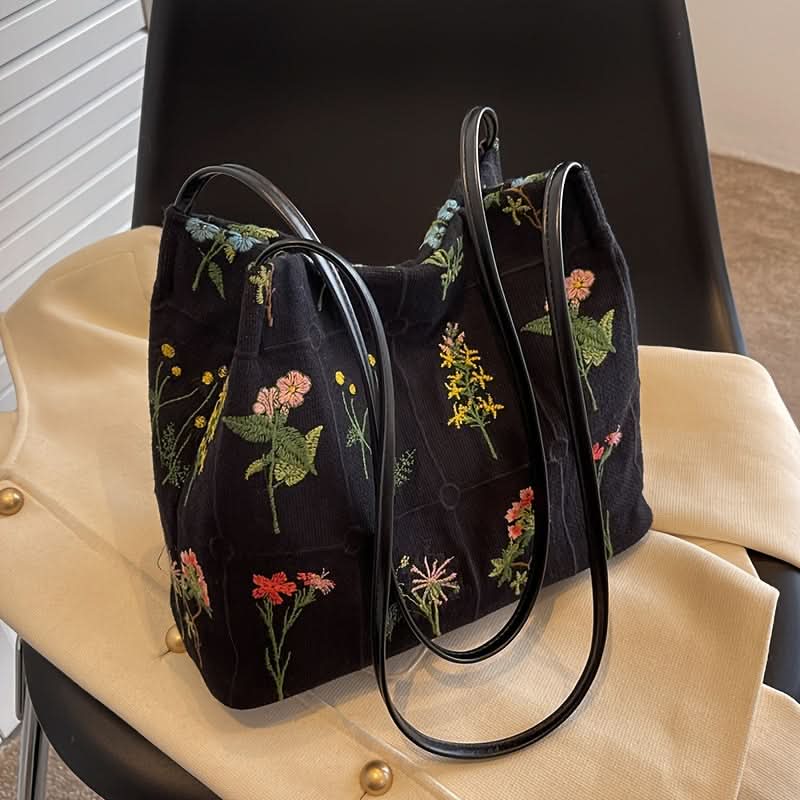 Retro Canvas Tote Bag – Floral Embroidery, Large Capacity