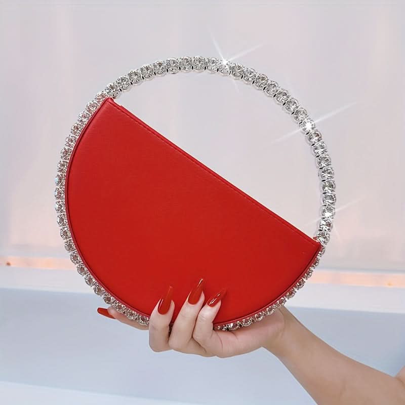 Rhinestone Ring Evening Clutch, White Faux Leather