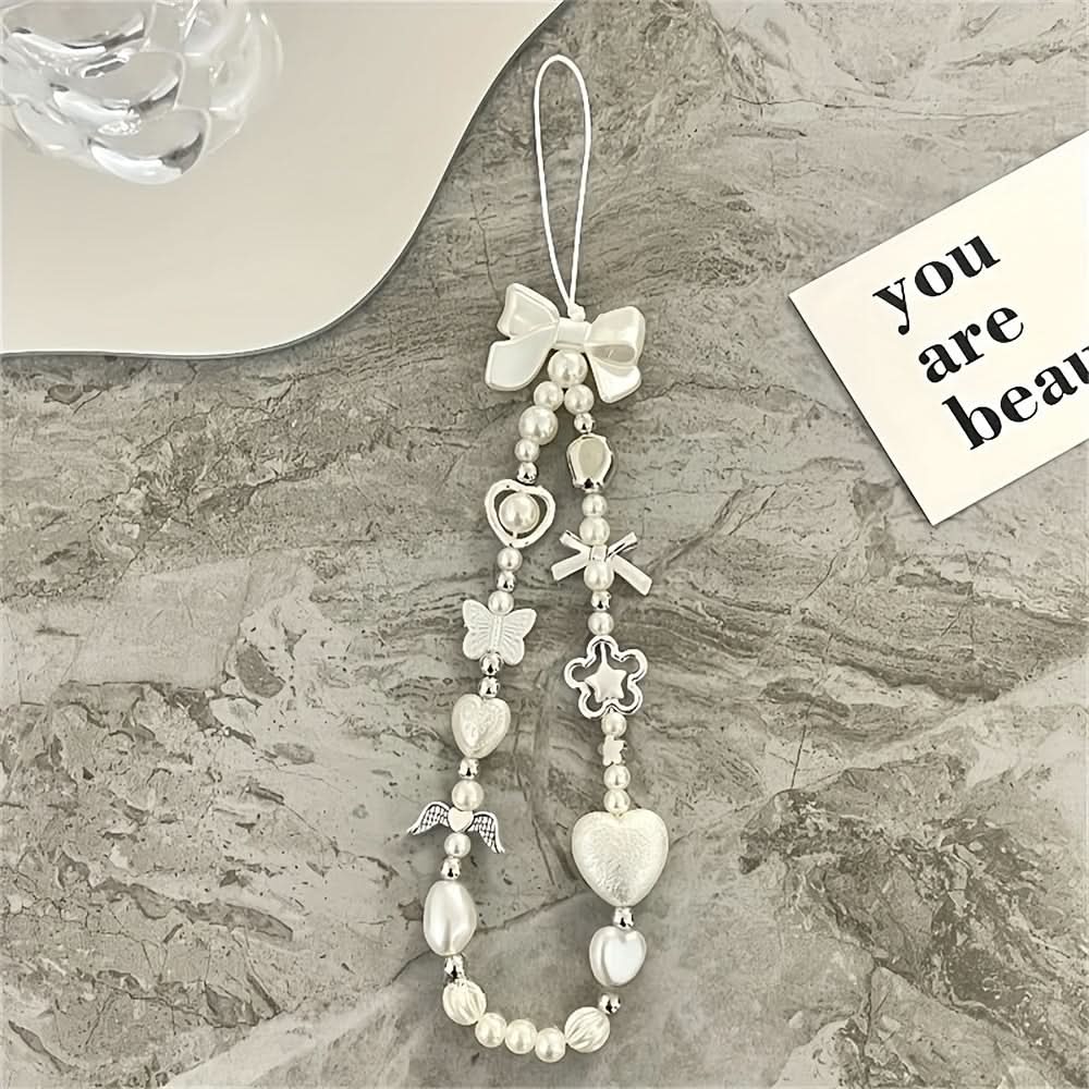White Bow, Flower, Heart & Butterfly Charms Lanyard & Wrist Strap Set