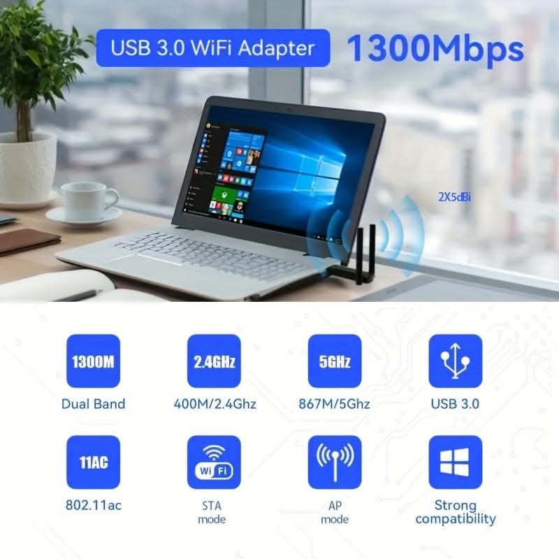 High-Speed 1300Mbps Wireless USB WiFi Adapter - Dual Band with USB 3.0