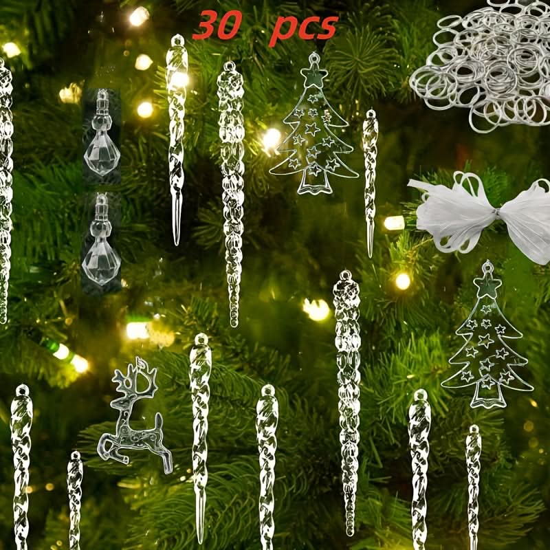 30pcs Christmas Tree Crystal Decorations – Transparent Acrylic Ornaments for Party Decor