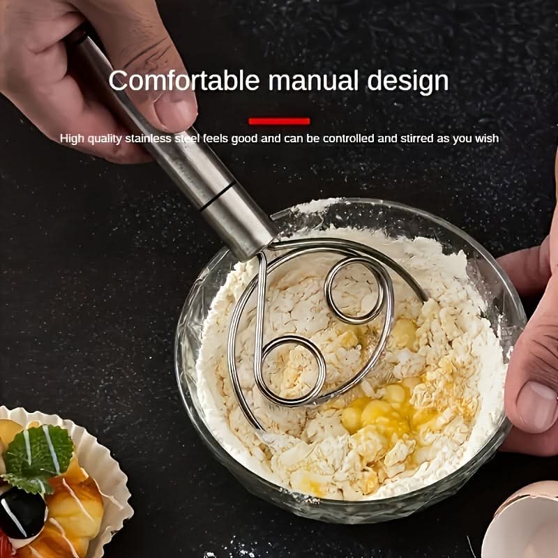 Stainless Steel Dough Mixer with Scraper - Handheld Dual-Hole Whisk