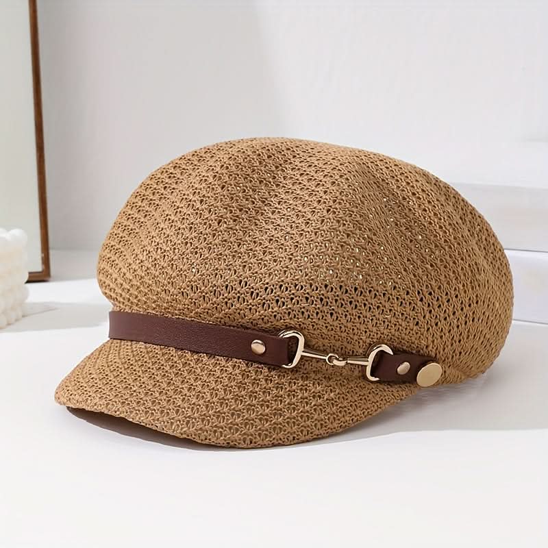 Women’s Knit Breton Cap – Stylish Packable Straw Hat with Buckle