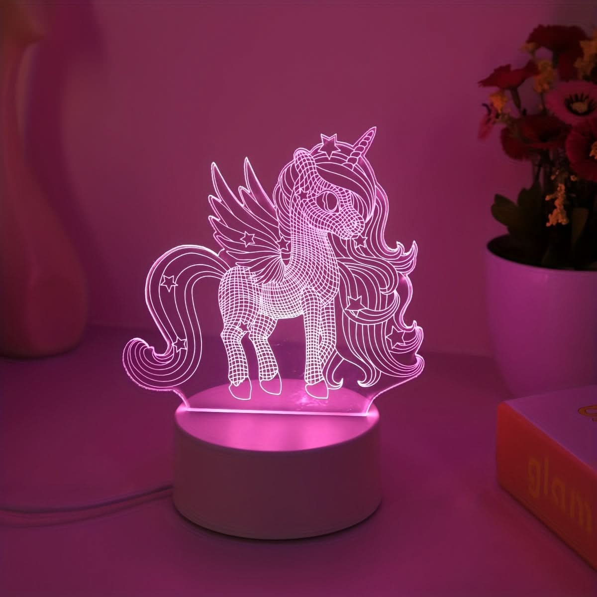 3D Unicorn Night Light - USB Powered Pink LED Lamp