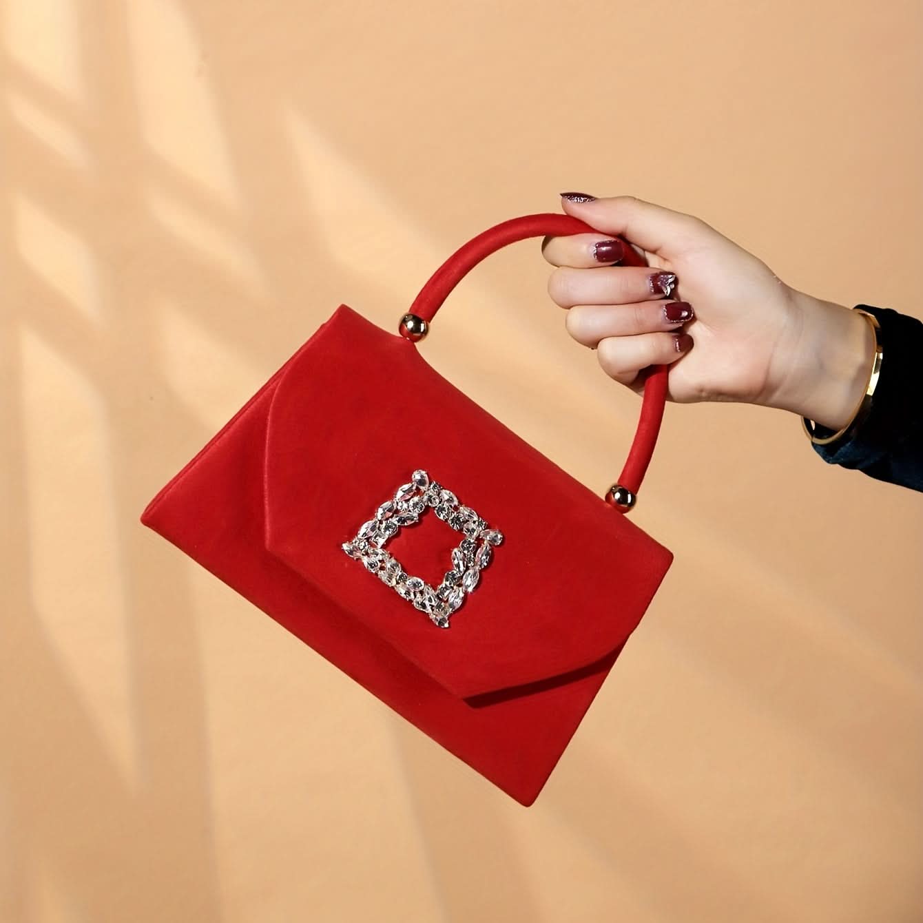 Red Rhinestone Satin Clutch with Chain Strap