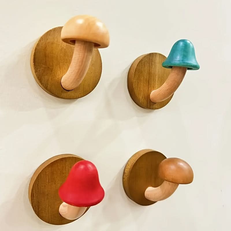 4-Piece Wooden Wall Hooks – Self-Adhesive Hat & Coat Hangers