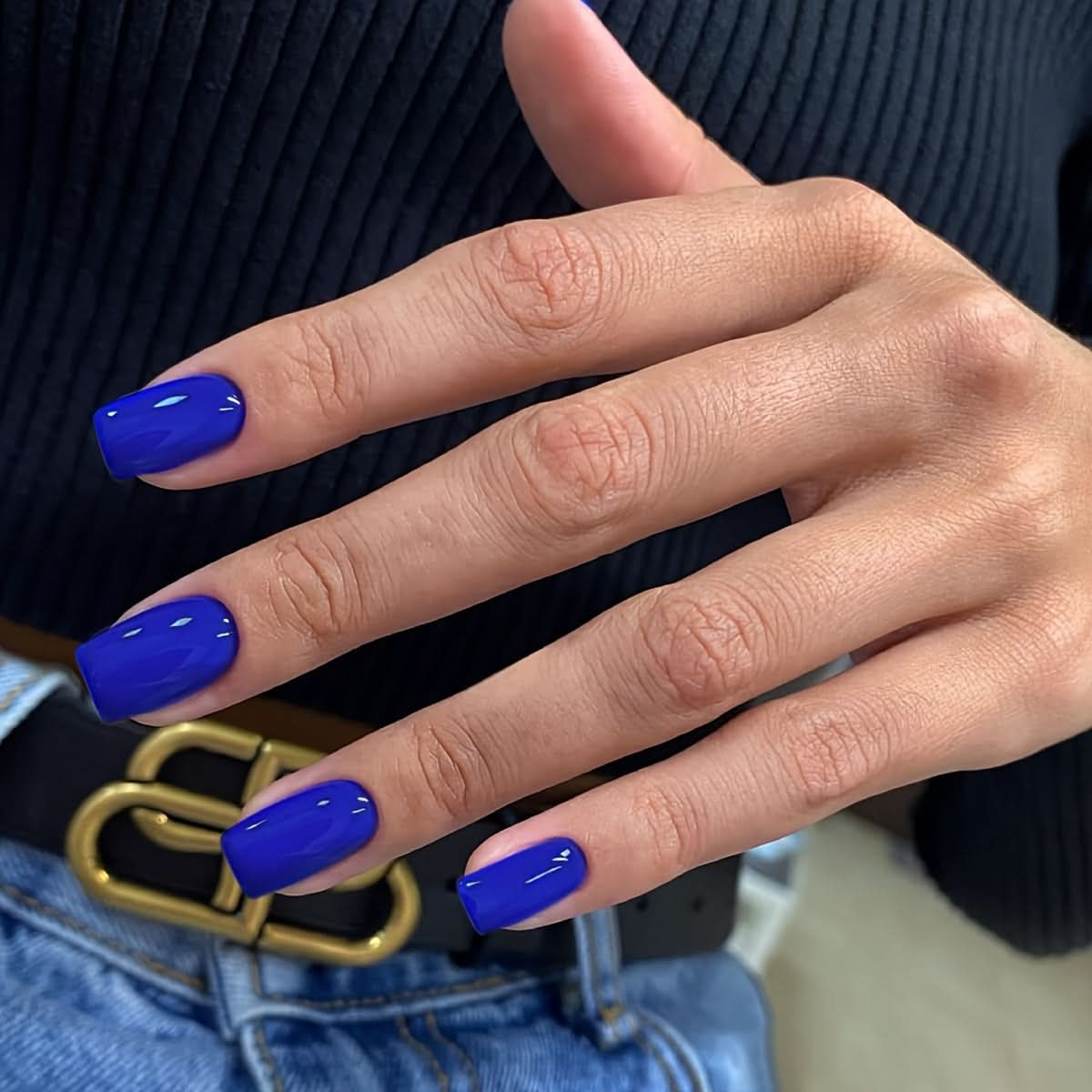 24 Pcs Blue Short Press-On Nails – Solid Color Acrylic Fake Nails for Women & Girls