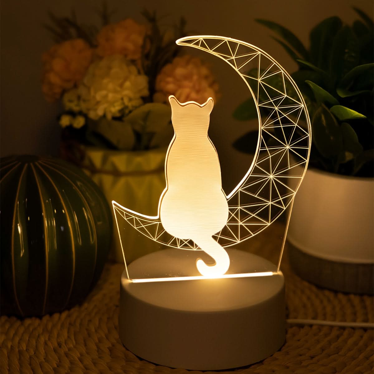 Whimsical 3D Glowing Moon Cat Night Light - USB Powered Table Lamp