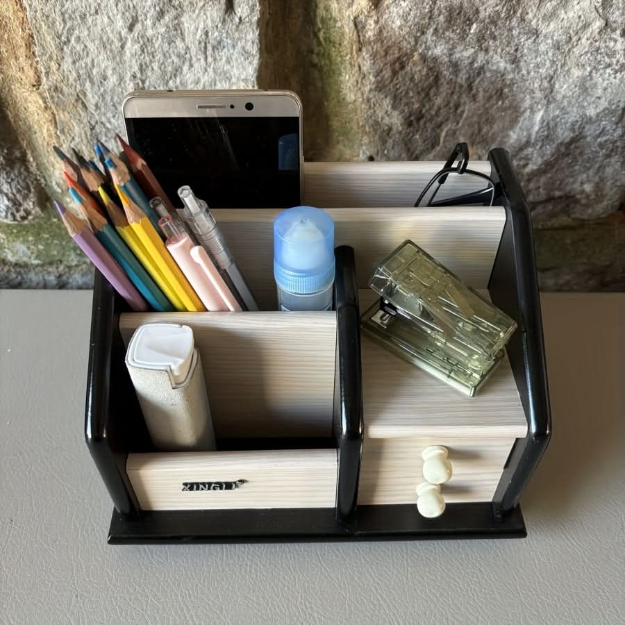 Wooden Desk Organizer with Drawers, Multifunctional