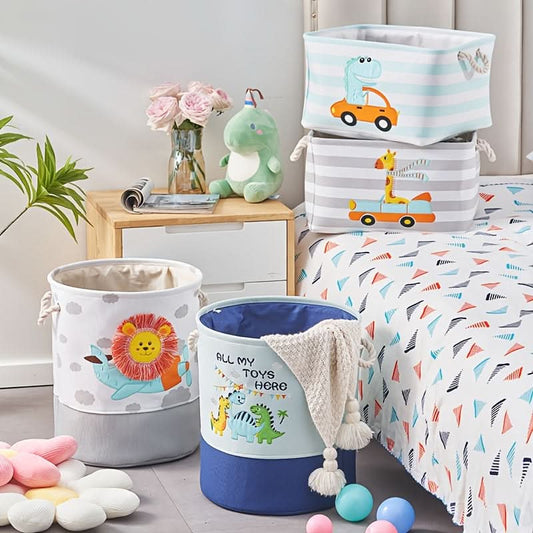 Large Capacity Boho Toy Storage Basket Lion & Dinosaur Fabric Organizer for Toys