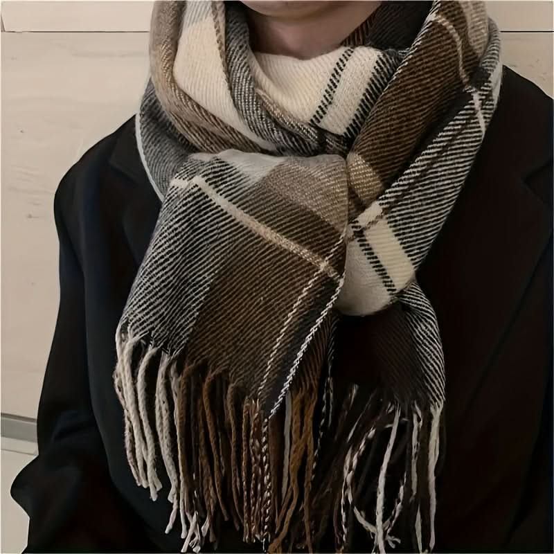 Men's Handmade Plaid Scarf with Tassels – Warm, Knitted Polyester for Fall/Winter