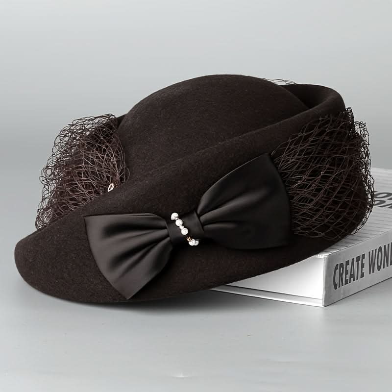 Women's Wool Beret Hat with Veil & Bow – Retro British Style
