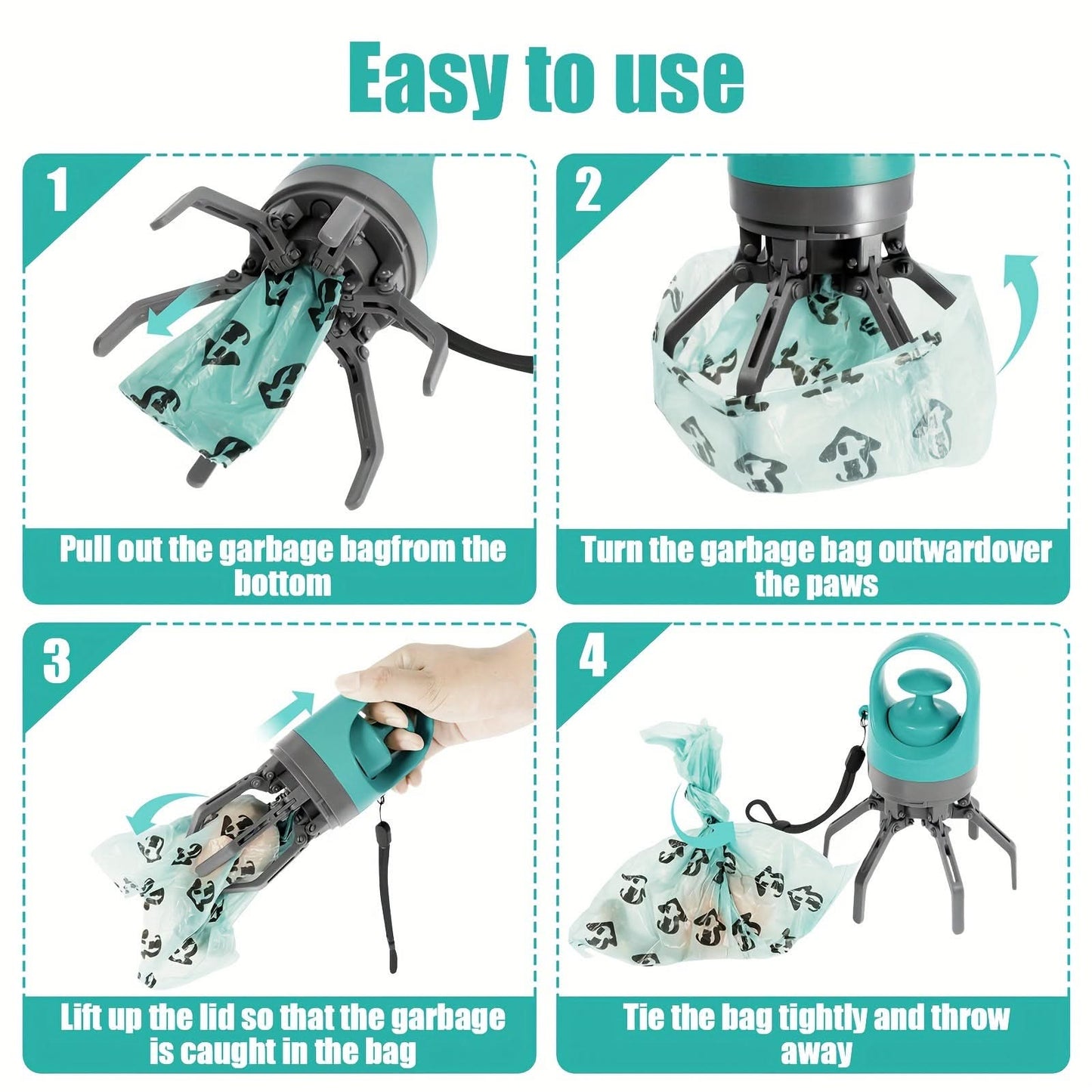 Portable 6-Claw Dog Poop Picker – Outdoor Scooper with Bag