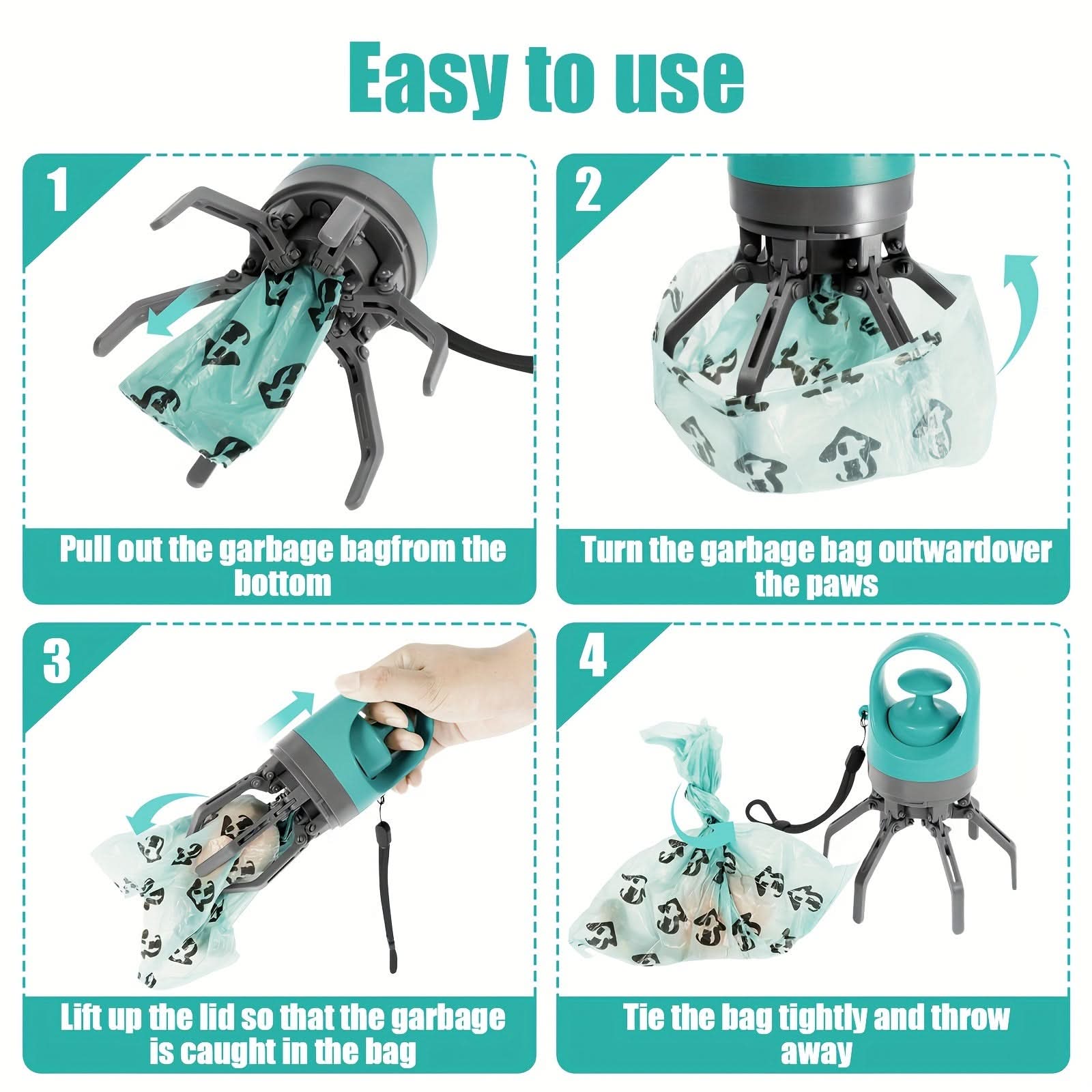 Portable 6-Claw Dog Poop Picker – Outdoor Scooper with Bag