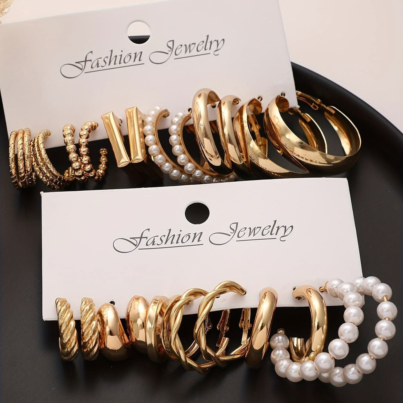 12 Pairs of Golden Geometric C-Shaped Ball Imitation Pearl Hoop Earrings Set