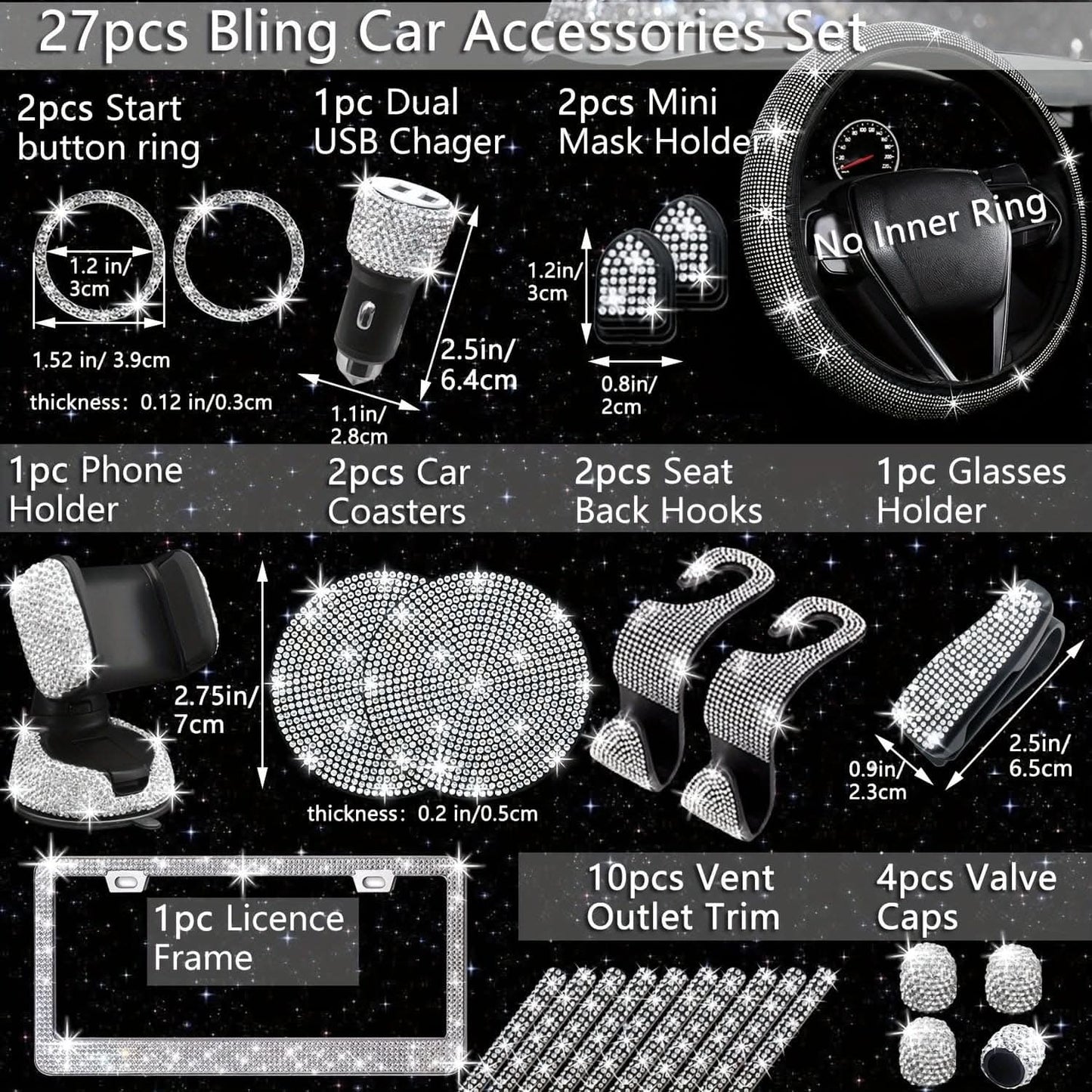 Bling Car Interior Accessories Set – 27 Pcs, Universal Fit