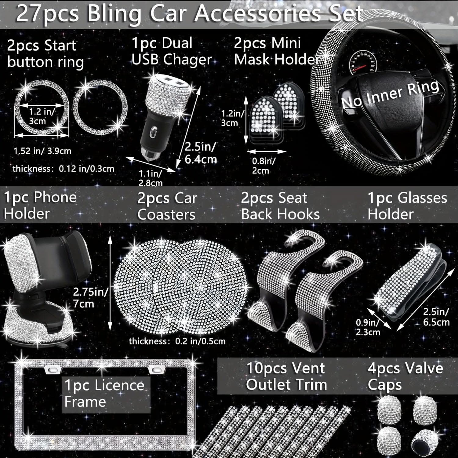 Bling Car Interior Accessories Set – 27 Pcs, Universal Fit