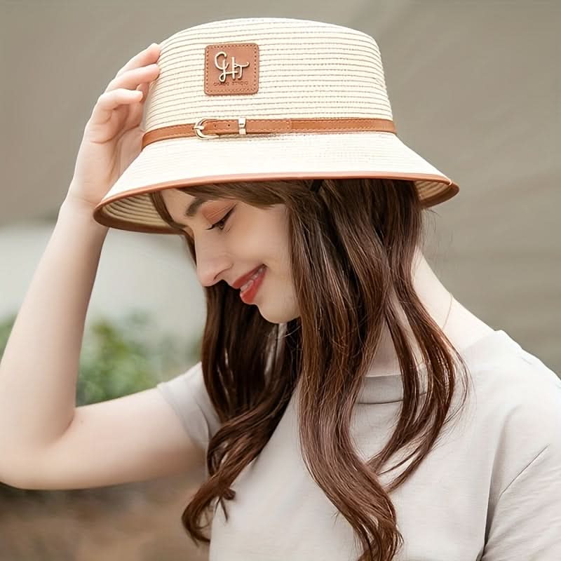 Women’s Straw Fedora Hat – Short Brim Sun Hat with Faux Leather Belt