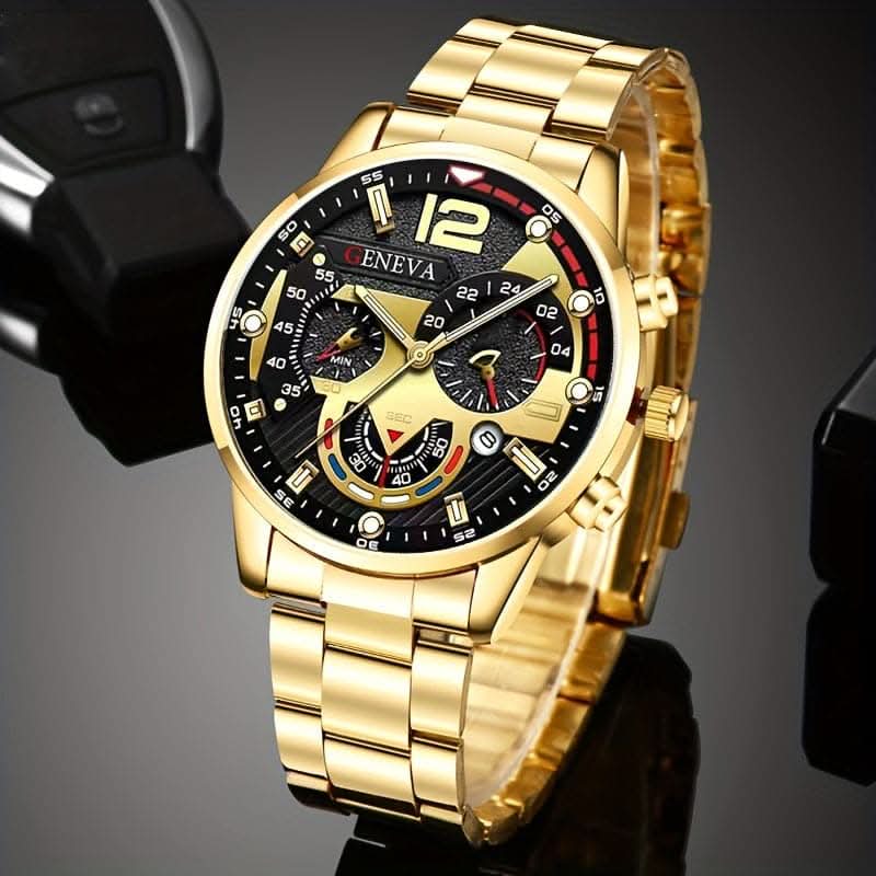 3pcs Set: Men's Calendar Watch, Silvery Bracelet, and Cross Pendant Necklace