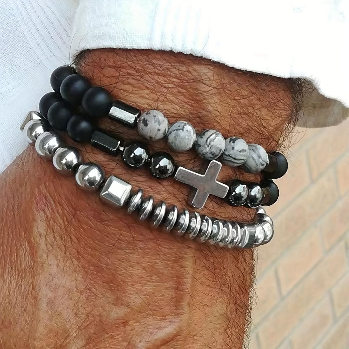 3-Piece Men's Black Gallstone Cross Bracelet Set