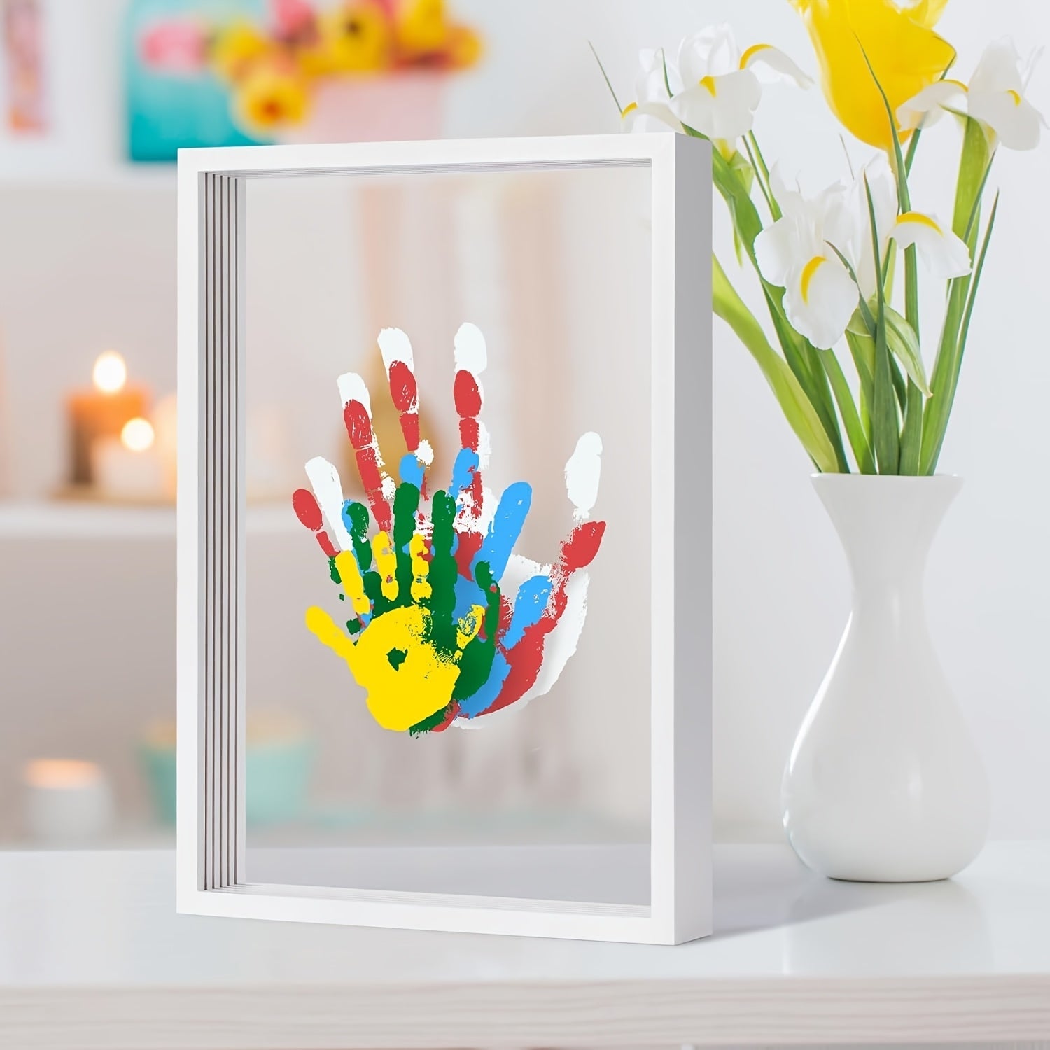 DIY Family Handprint Keepsake Kit – Painted Wooden Picture Frame, 6-Color Ink Pad Set