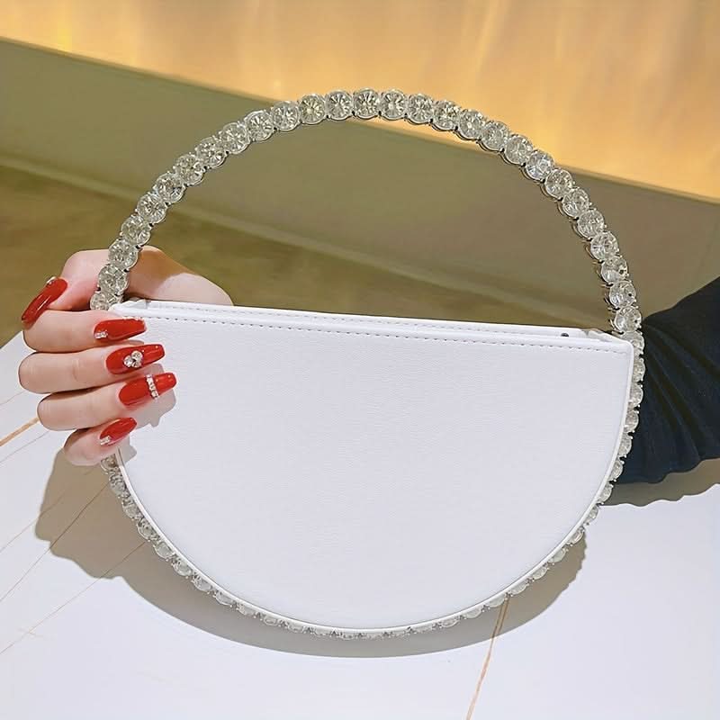 Rhinestone Ring Evening Clutch, White Faux Leather