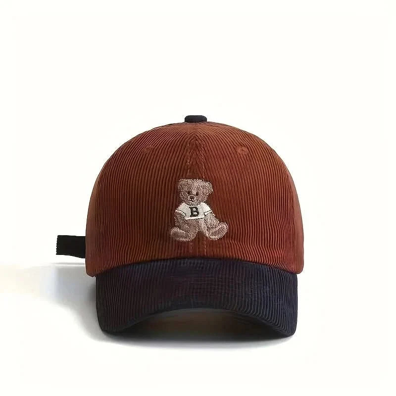 Unisex Corduroy Baseball Cap with Embroidered Bear