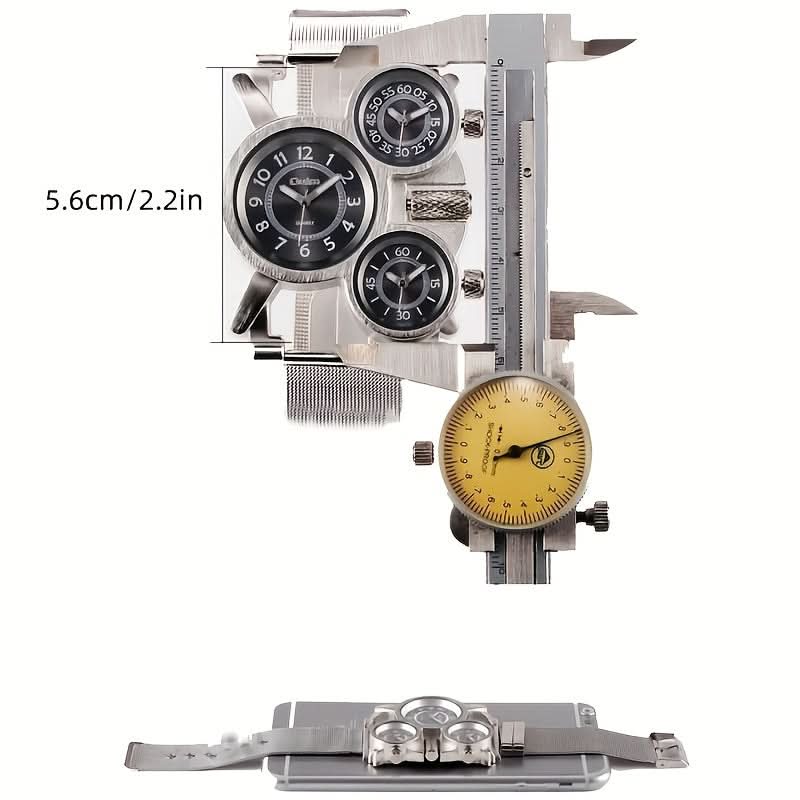 Men’s Multi-Time Zone Quartz Watch – 3 Dials, Stainless Steel Mesh Band