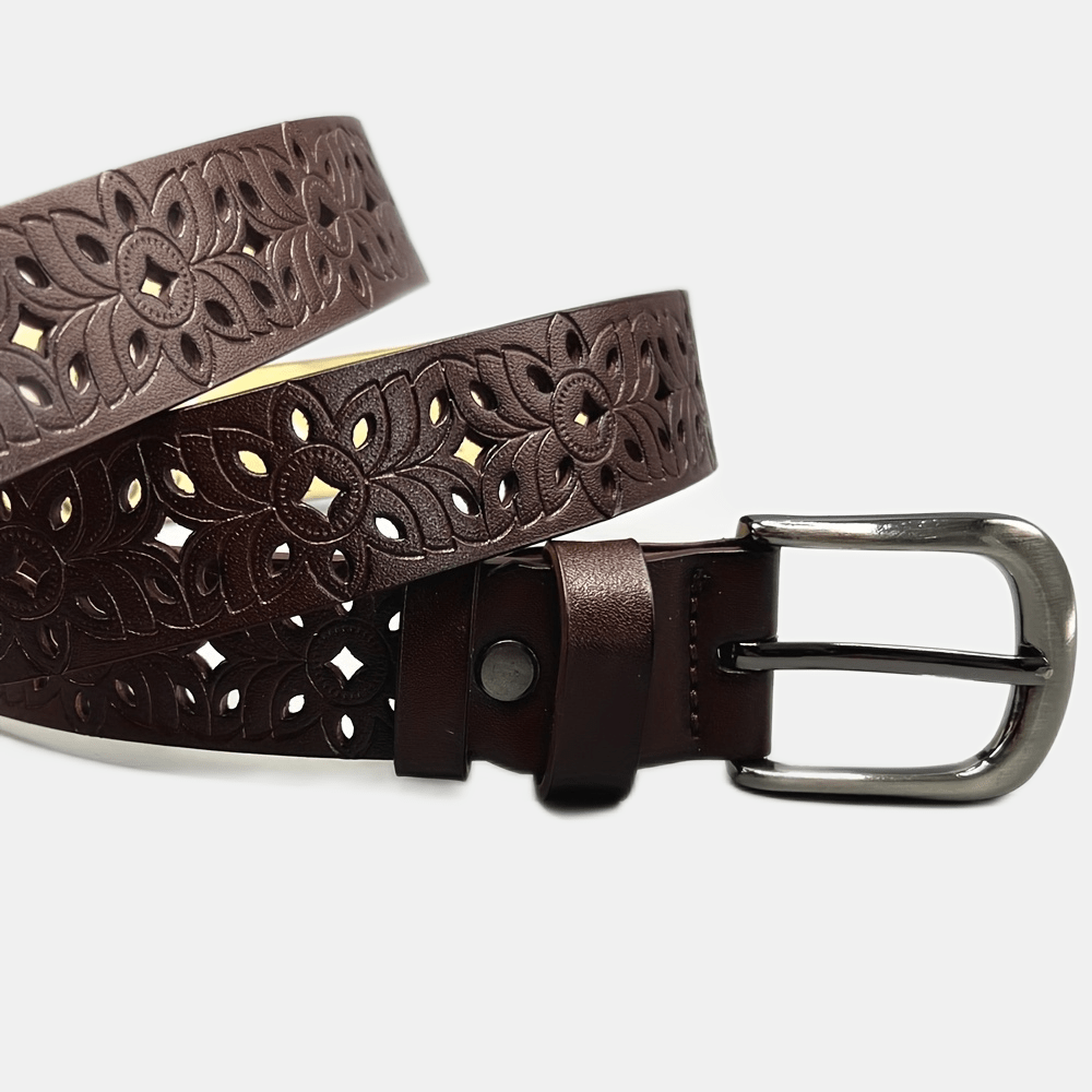 Vintage Hollow PU Leather Belt for Men & Women – Adjustable Metal Buckle