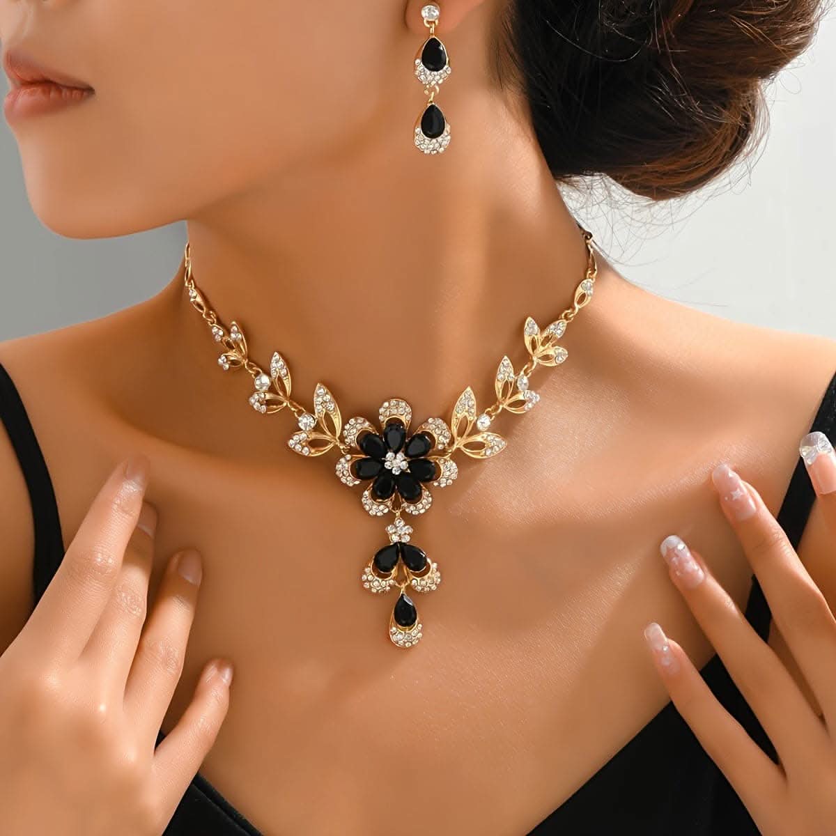 Dangle Earrings & Necklace Set – Copper Jewelry with Zircon Inlay, Flower Design