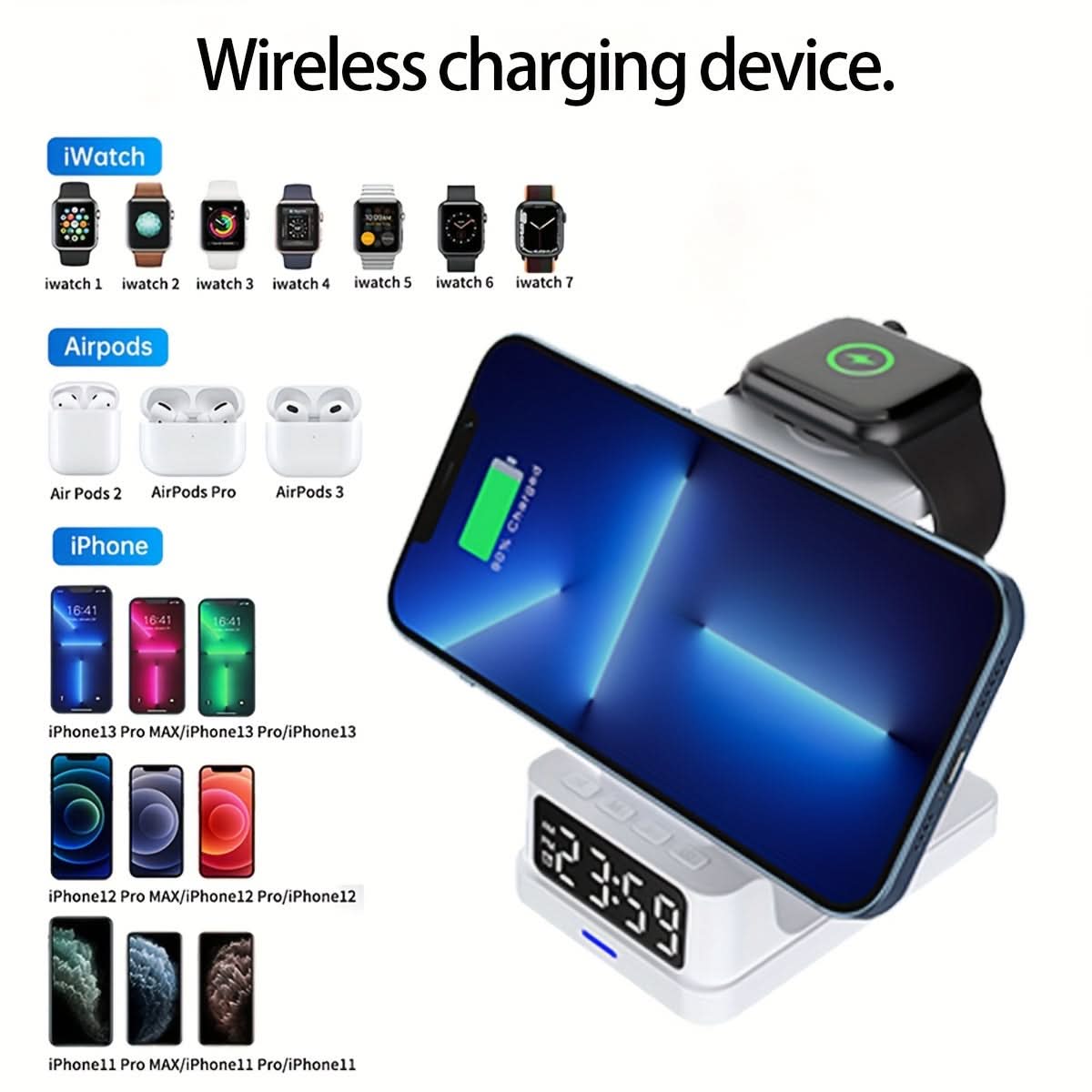 4-in-1 Magnetic Wireless Charging Stand with Digital Clock - Type-C USB