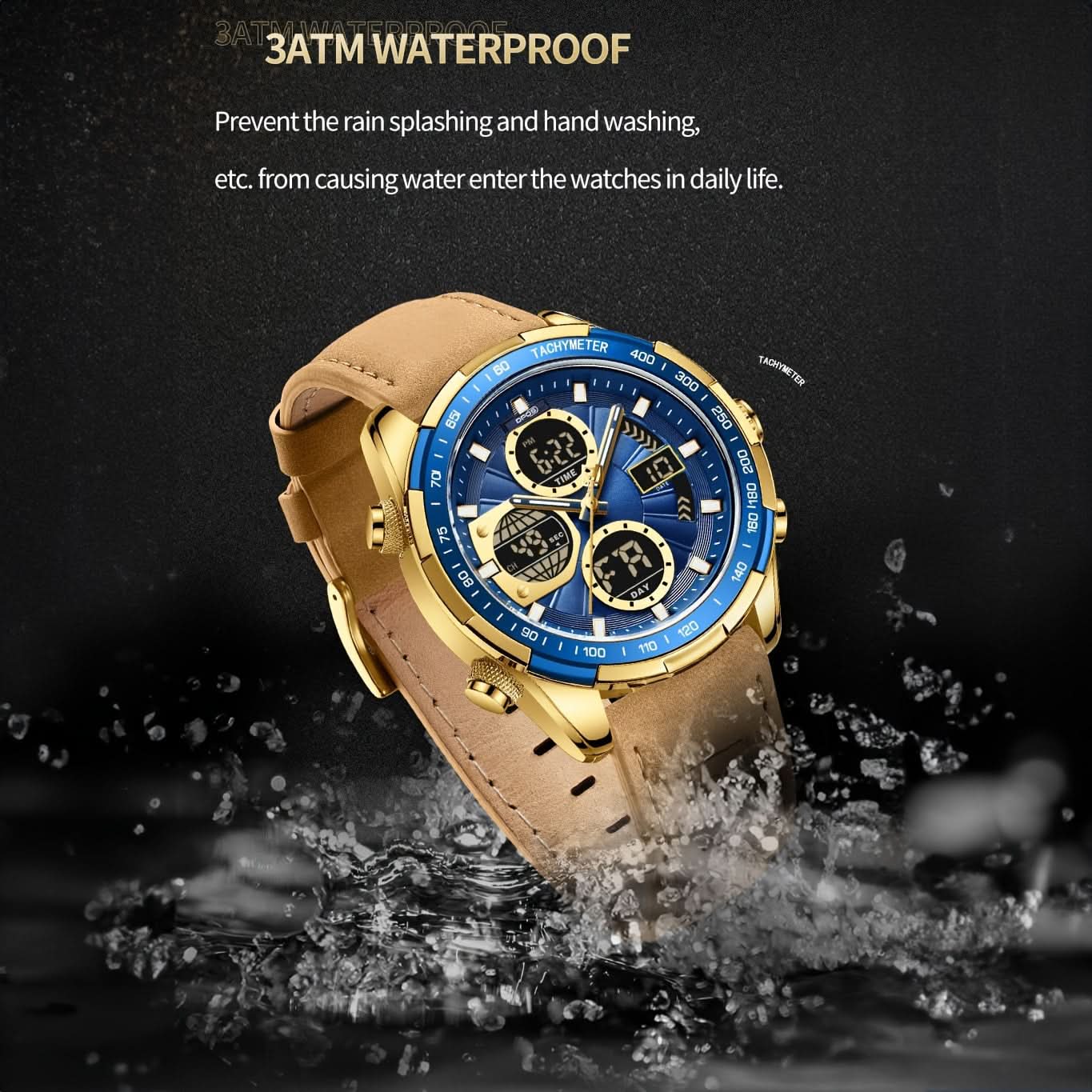 Men's Sports Dual Display Quartz Watch, Waterproof, Leather Strap