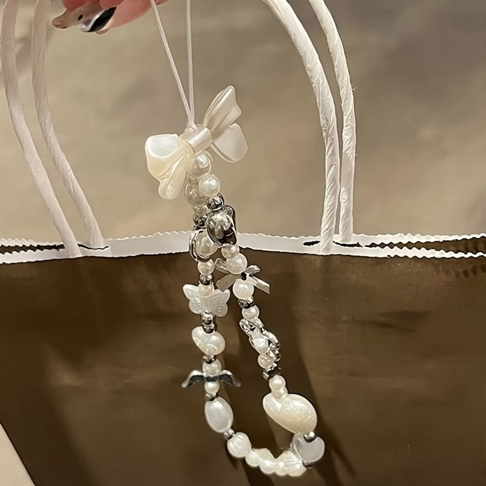 White Bow, Flower, Heart & Butterfly Charms Lanyard & Wrist Strap Set