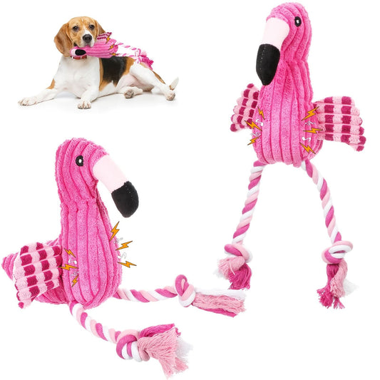 2-Pack Flamingo Plush Dog Toys-Squeaky Teething & Interactive Rope Toys
