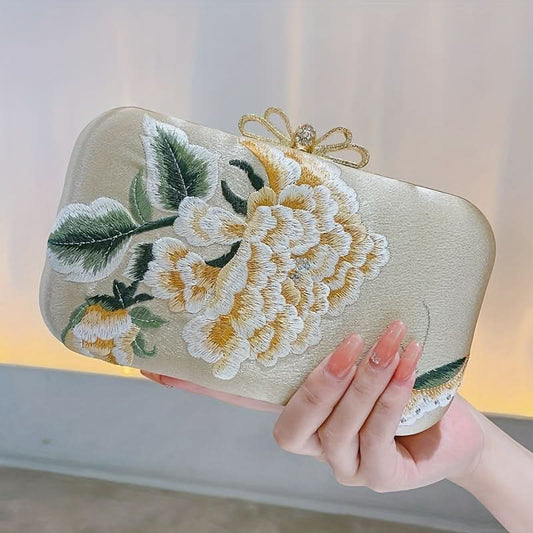 Floral Embroidered Clutch with Pearl Chain