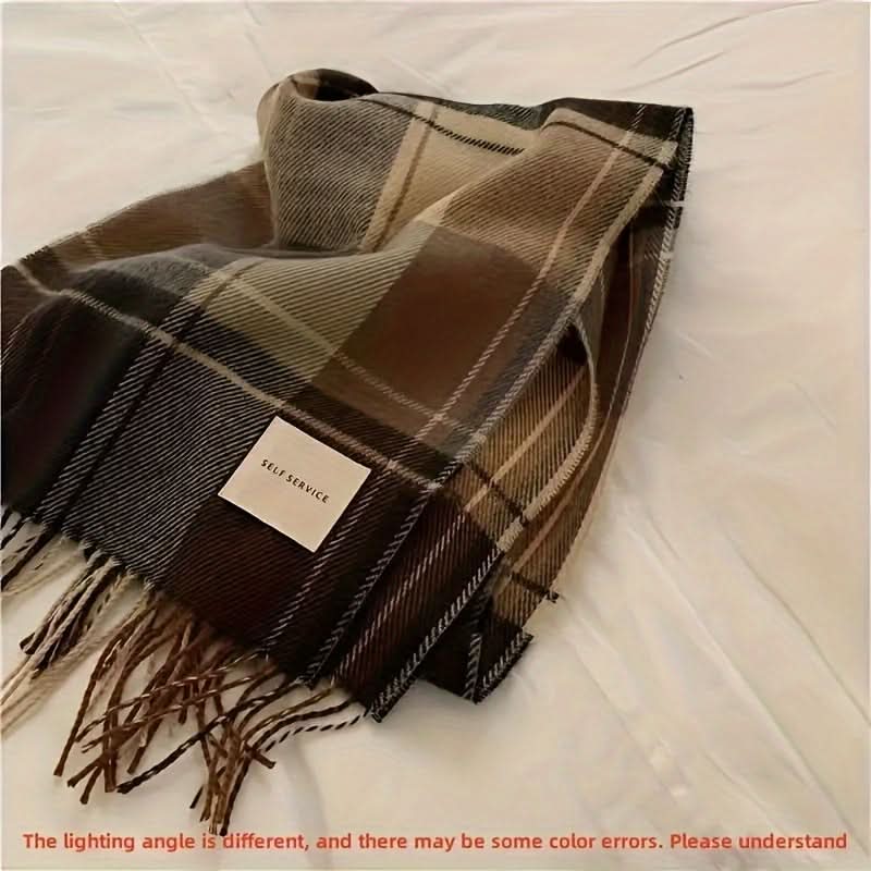 Men's Handmade Plaid Scarf with Tassels – Warm, Knitted Polyester for Fall/Winter