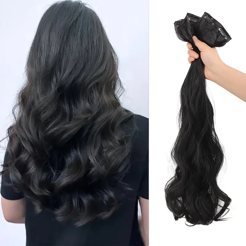 Volumizing Curly Hair Extensions for Women – Three-Piece Seamless Wavy Wig Set (Black)