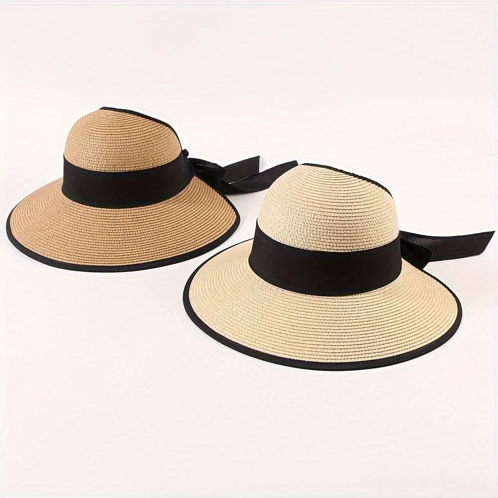 Women's Straw Sun Visor Hat with Ponytail Hole – Beach Cap with Bow