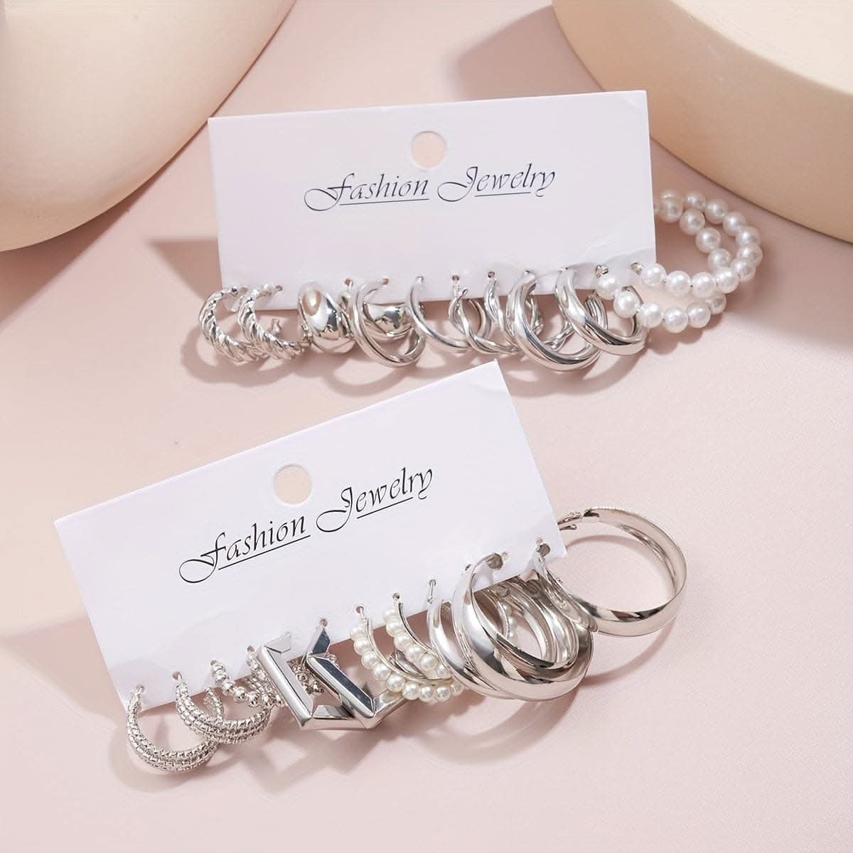 24-Pair Chic Geometric & Faux Pearl Hoop Earrings Set